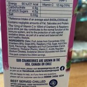 Cranberry and Raspberry Flavoured Juice Drink with Sugar and Sweetener