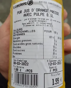 PUR JUS D'ORANGE PRESSE AVEC PULPE