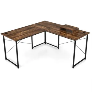 L-format datorbord med bildskärmsställ Vändbart hörnskrivbord Rustik brun
