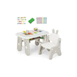 Barnbord och stolsset konstgjorda bord och stolar för småbarn med gångjärnsbokhylla grå