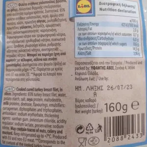 Cooked cured turkey breast filet, in slices