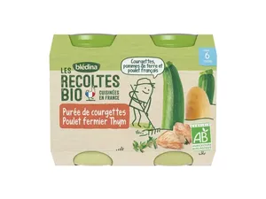 Blédina EKOLOGISK Skörd Från 6 månader - Små burkar Grönsaker/Kött - Zucchini Puré Bonde Kyckling Timjan 2x200g