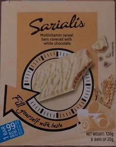 Multivitamin cereal bars covered with white chocolate