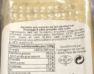 Raclette aux poivres au lait pasteurisé