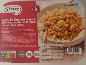 Curry de légumes et pois chiches, duo de riz et risoni de lentilles corail