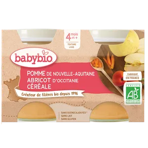 Babybio fruktburkar - 4 månader och + - Äpple, aprikos, spannmål - EKOLOGISK 2x130 g