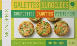 Galettes courgettes, carottes et petits pois, surgelées