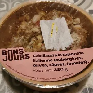 Cabillaud à la caponata italienne ( aubergine, olives,câpres, tomates)