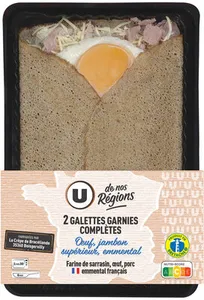 2 Galettes garnies complètes Oeuf, jambon supérieur  et emmental