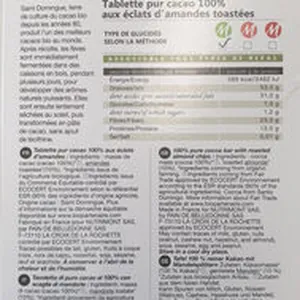 Tablette pur cacao 100% aux éclat d'amandes toastées