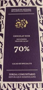 Chocolat Noir 70% inclusions grue de cacao