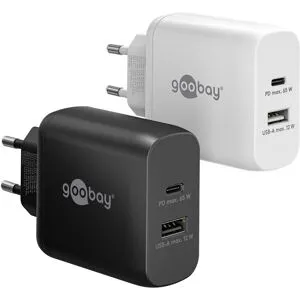 Goobay Snabbladdande kompakt GaN strömadapter med USB-A och USB-C PD 65W svart/vit (Vit)