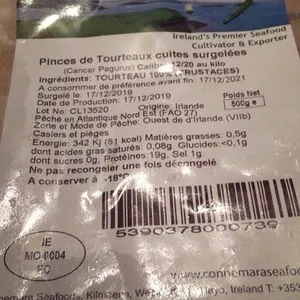 Pinces tourteaux cuites surgelees