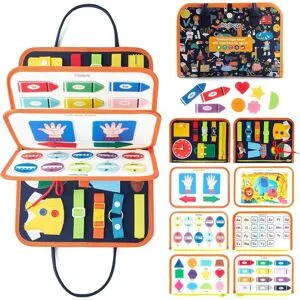 Lollanda Montessori Aktivitetsbräda 1-4 år, Busy Board Montessori Toy – Reseleksak, 8 Temanoch 20 livskunskaper Montessorispel