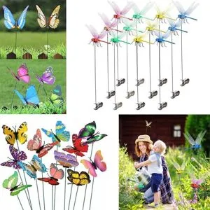 OBOSOE 52-pack Trädgårdsdekoration – 3D PVC Fjärilar på Pinnar & Trollsländor med Klämma,för Utomhus Blomster- & Balkongdekor