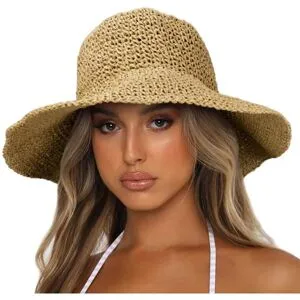 ATELA Damsolhattar Bred brätte sommarstrandhatt för kvinnor Vikbar resehalmhatt UPF50+