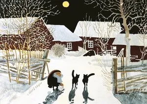 Kort Tomte och katter i månsken
