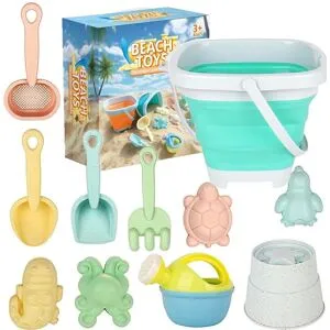 Kidsly 11 st Strandleksaker Set Presentförpackning Sandleksaker för Barn Sandlådeleksaker med Vikbar Hink Spadeset Sandformar Sommar Utomhus