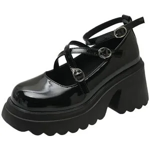 Wucifang Shoes Svarta Damloafers Platå Mary Jane Damskor Chunky Höga Klackar Korsrem Spänne Flicksko Vår Höst Dämpade Damskor 35