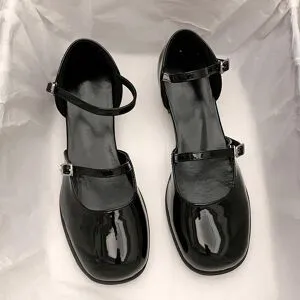 Wucifang Shoes Nya Mary Jane Skor Spännpumps Kvinnor Tjocka Klackar Eleganta Grunda Fyrkantig Tå Skor Fest Kontorsdam Läder Loafers Skor 39 svart