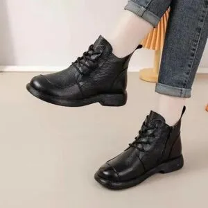 Wucifang Shoes Skor för kvinnor   Rea Sidodragkedja Damstövlar Vår Höst Rund Tå Enfärgade Korta Skaft Låga Klackar Snörning Nakenstövlar 39 svart