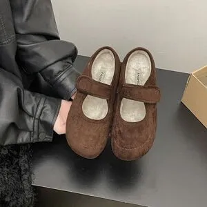 Wucifang Shoes Designer Vintage Varma Dam Mary Jane Skor Mode Grunda Ballerinaskor Koncisa Mjuka Sula Bomullsskor 35 kaffe