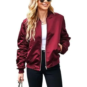 WW Clothing Bomberjacka Kvinnor Zip Up Casual Jackor Kappa Oversized med fickor Höst Outfits XXL claret