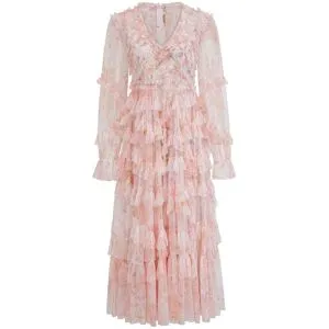 Fancy Style Studio Ny Tryckt Långärmad Blommig Klänning Grupp Vårsemester Fransk Midja Lång Klänning Damkläder XL