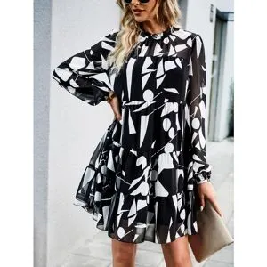 JMG Clothing Tryckt Klänning Höst och Vinter Damkläder Temperament Elegant Långärmad Kort Kjol XL