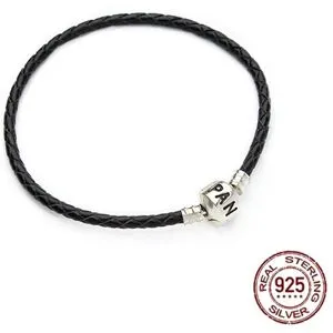 Allbestart Sterling Silver 925 Silver Röd Lädersnöre Armband passform Original Charm Pärlor Enkel stil DIY fina smycken för kvinnor 20cm svart