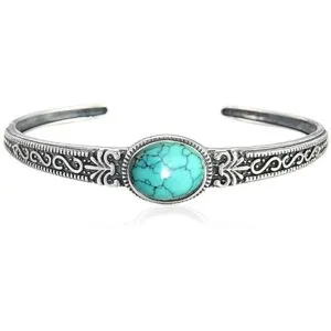 Allbestart 925 Sterling Silver Grön Sten Mönster Manschettarmband & Armringar För Kvinnor Män Vintage Smycken