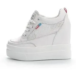 JMG Shoe Industry Damskor Äkta Läder 11cm Dold Kil Sneakers Platåskor Högklackade Sneakers Kvinna Fritidsskor Vita Träningsskor 36