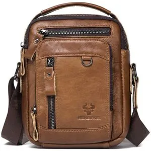 HUMERPAUL Crossbody-väska i äkta läder för män Multifunktionell resväska med stor kapacitet brun
