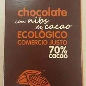 Chocolate con nibs de cacao ecológico comercio justo 70% cacao
