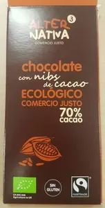 Chocolate con nibs de cacao ecológico comercio justo 70% cacao