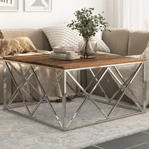 vidaXL Soffbord silver rostfritt stål och massivt trä