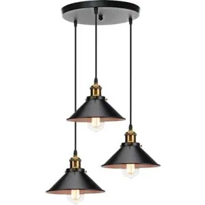 Xuigort 3-lampig pendellampa i retrostil, industriell taklampa, designer Edison metallkronljuskrona, pendellampa med rund platthållare, 22 cm, svart och vit