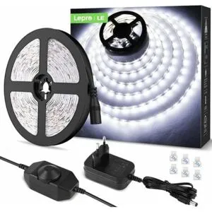 Xuigort 5M LED 1200Lm Dimbar Kall Vit, 12V 6000K 300Leds 2835, Självhäftande LED-remsa med dimmer, kontakter + transformator, inomhusbelysning